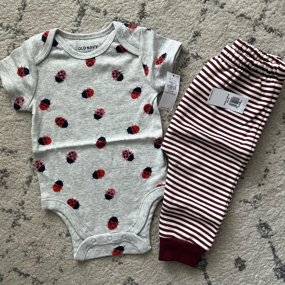 NWT, 6-12 month Old Navy Lady Bug Body Suit and Red Striped Sweatpants